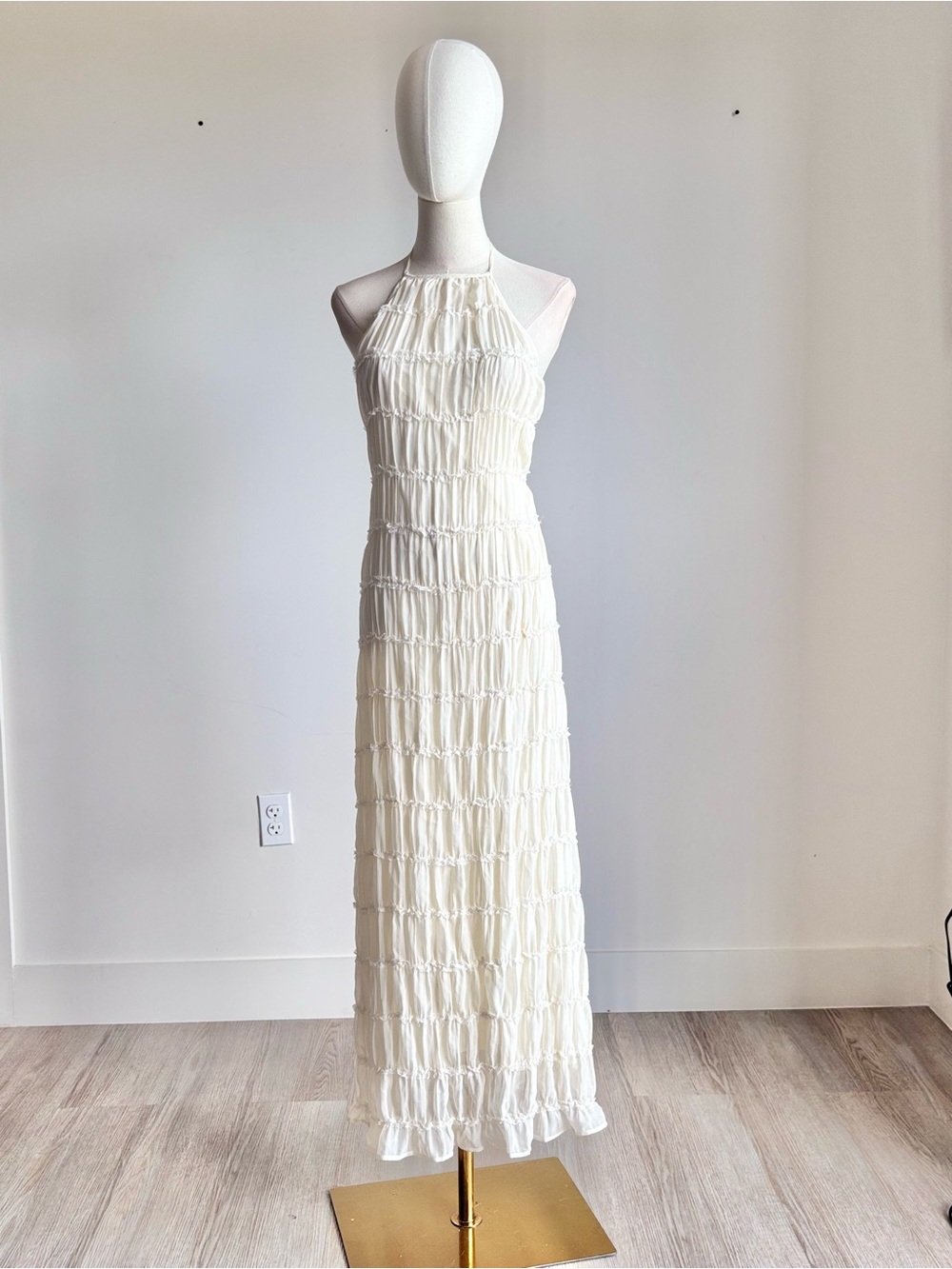 Commense White Tiered Ruffle Maxi Dress Lace Trim Halter Backless Size M NWT